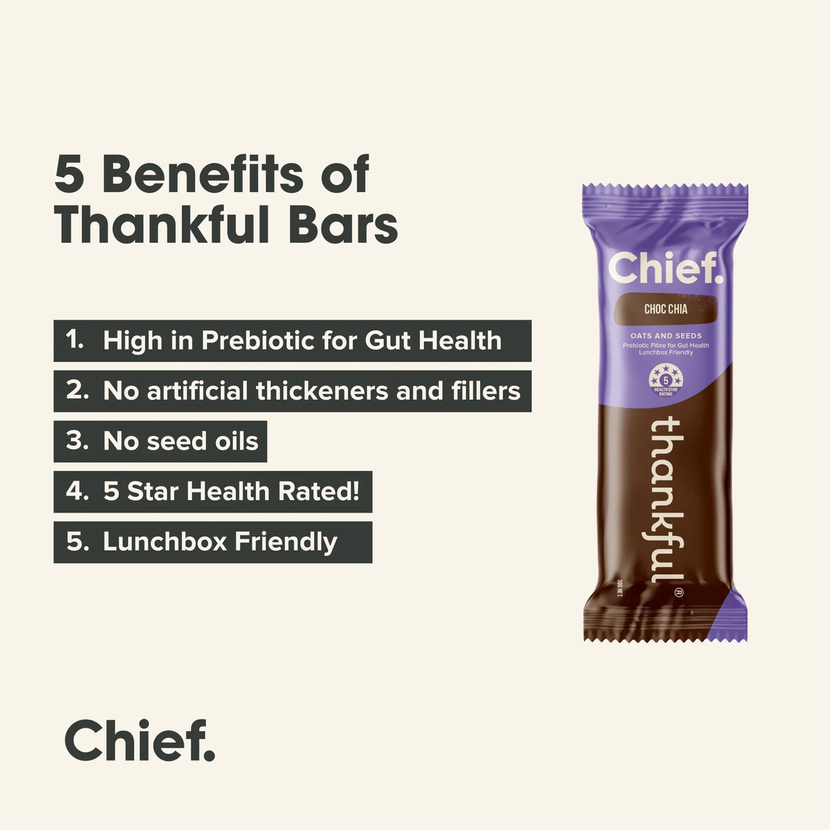 Thankful bar packaging with benefits listed on a white background