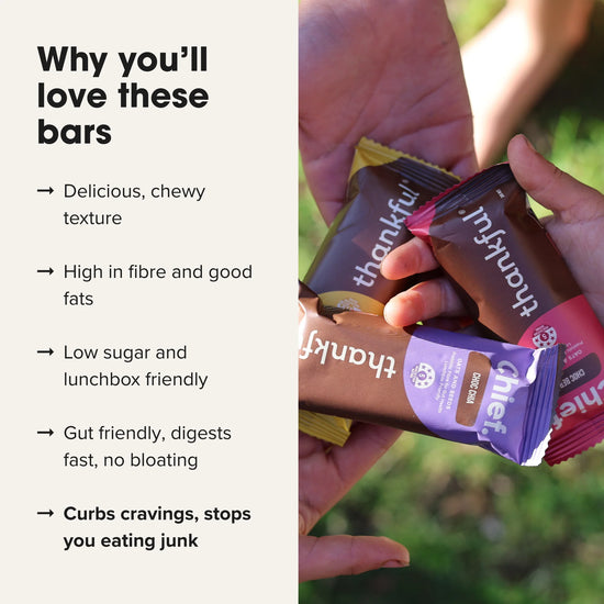 Hands holding Thankful protein bars with text highlighting benefits on the left.