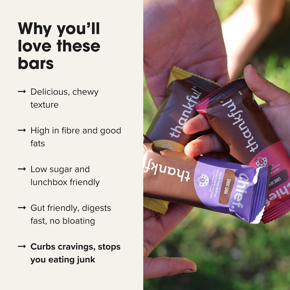 Hands holding Thankful protein bars with text highlighting benefits on the left.