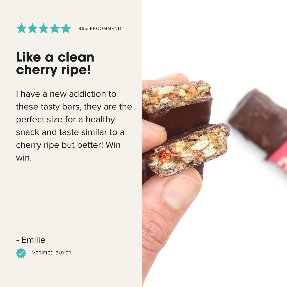 A promotional graphic for chocolate bars with a hand holding a broken chocolate piece showing its nut and fruit filling, alongside text reviews and a blurred second bar in the background.