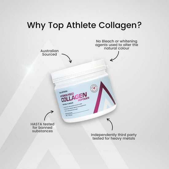 Top Athlete Collagen supplement container with text highlighting features on a light gray background