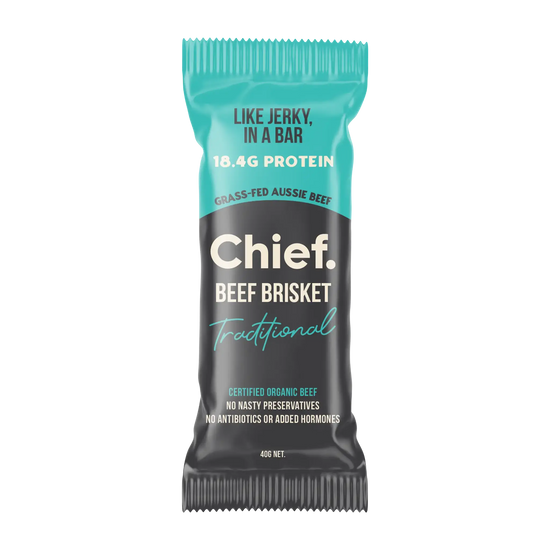 A single Chief Beef Brisket Traditional protein bar wrapper, featuring a black and teal design with white text.