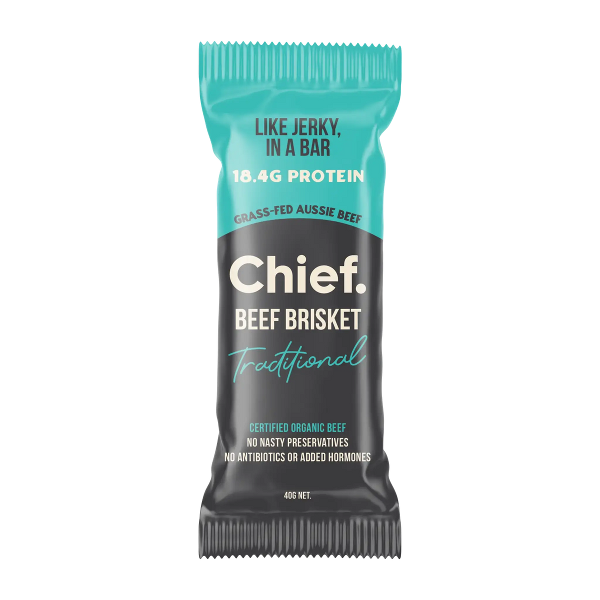 A single Chief Beef Brisket Traditional protein bar wrapper, featuring a black and teal design with white text.