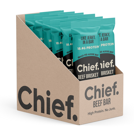 Box of Chief Beef Bar packages with teal and brown packaging.