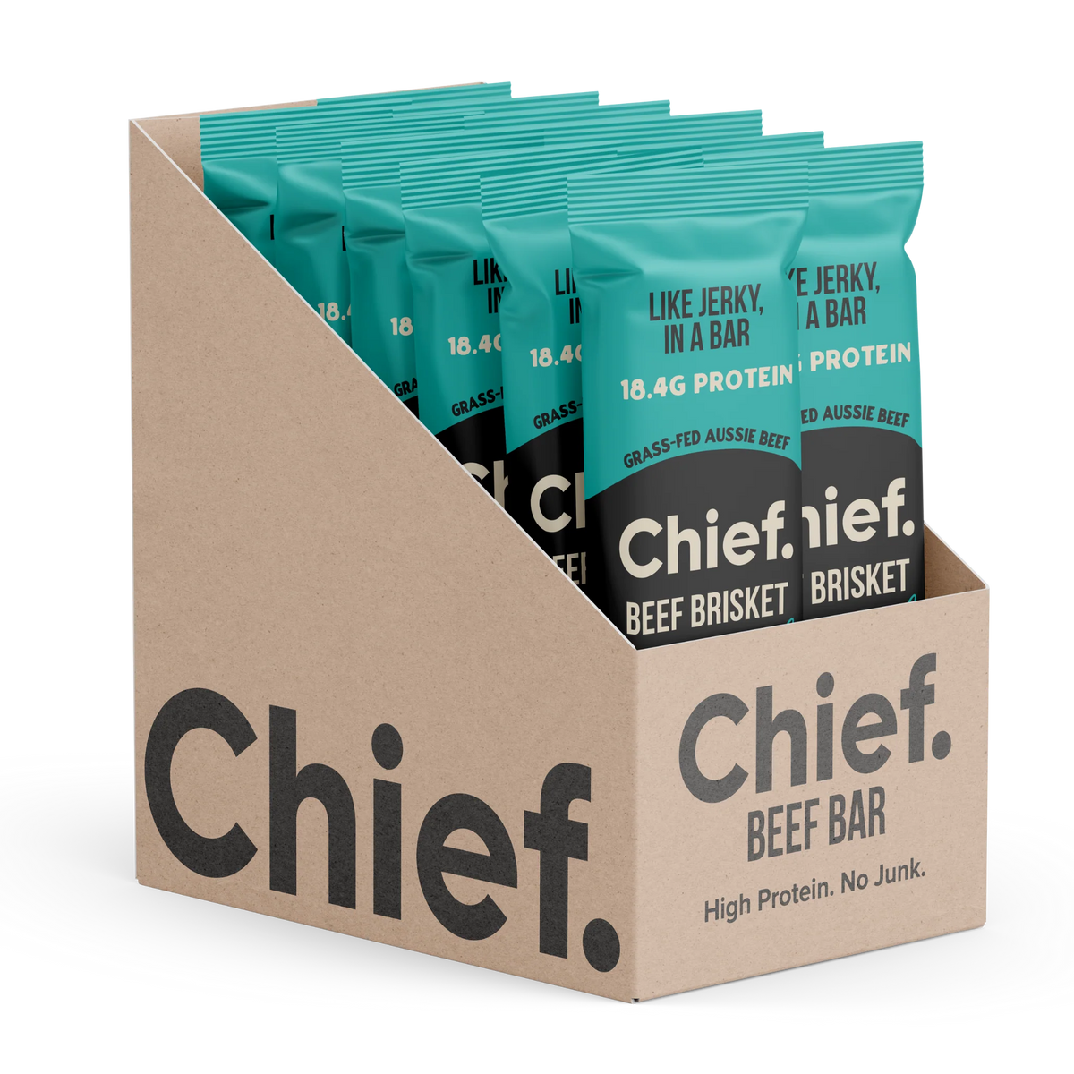 Box of Chief Beef Bar packages with teal and brown packaging.