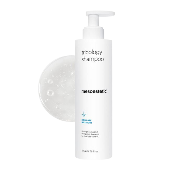 Mesoestetic tricology shampoo bottle on a white background