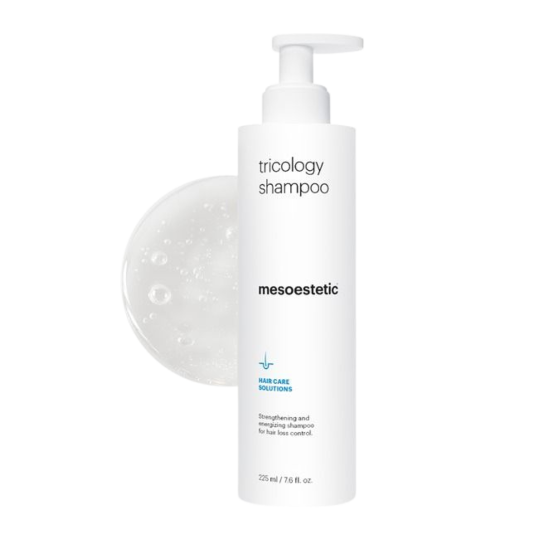 Mesoestetic tricology shampoo bottle on a white background