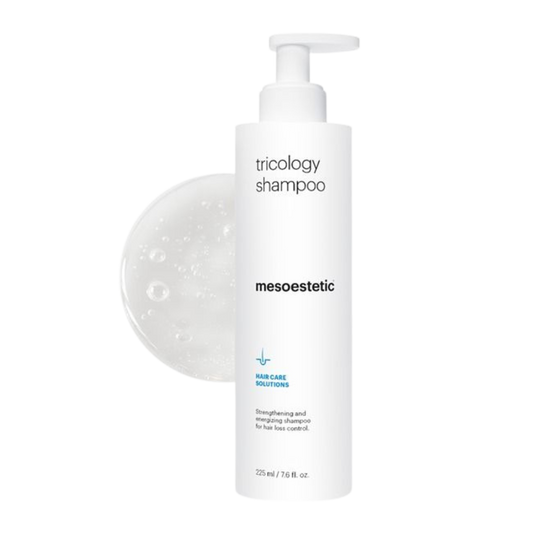Mesoestetic tricology shampoo bottle on a white background