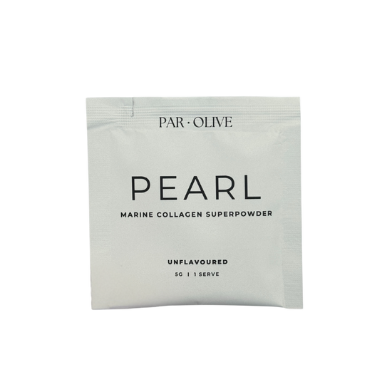 Unflavoured Par Olive collagen powder single serve sachet on a white background