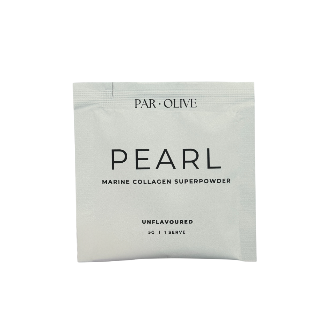 Unflavoured Par Olive collagen powder single serve sachet on a white background