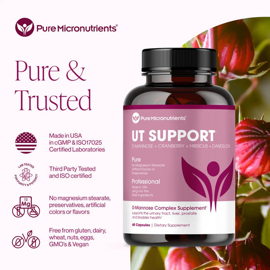 Supplement bottle labeled 'UT Support' by Pure Micronutrients with a floral background