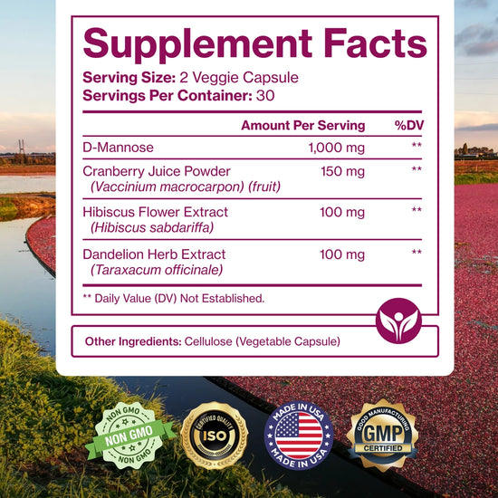 Supplement facts label with cranberry juice powder and hibiscus flower extract on a background of cranberries and a field.