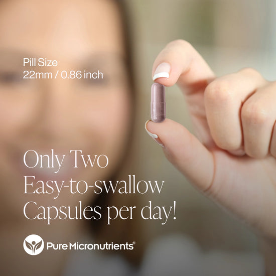Hand holding a pill with text about pill size and frequency of use, branded as Pure Micronutrients.