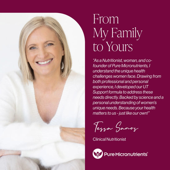 Woman with blonde hair and a white top on a purple background with text and branding.