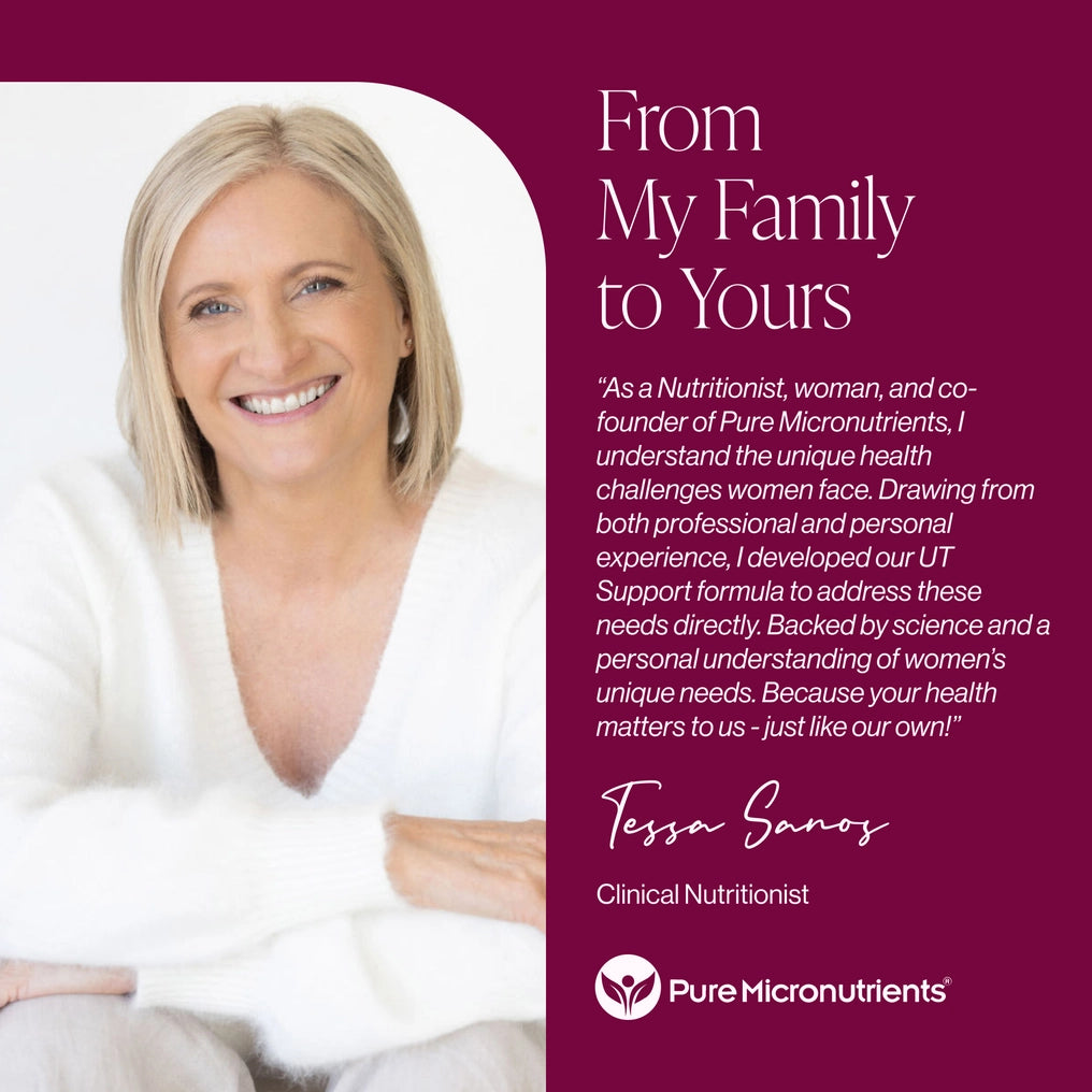 Woman with blonde hair and a white top on a purple background with text and branding.