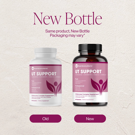 Two bottles of 'UT Support' supplements, one old and one new packaging, on a light gray background.