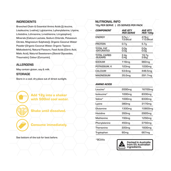 Ultimate EAAs electrolytes Nutritional information and ingredient list for a supplement product on a white background