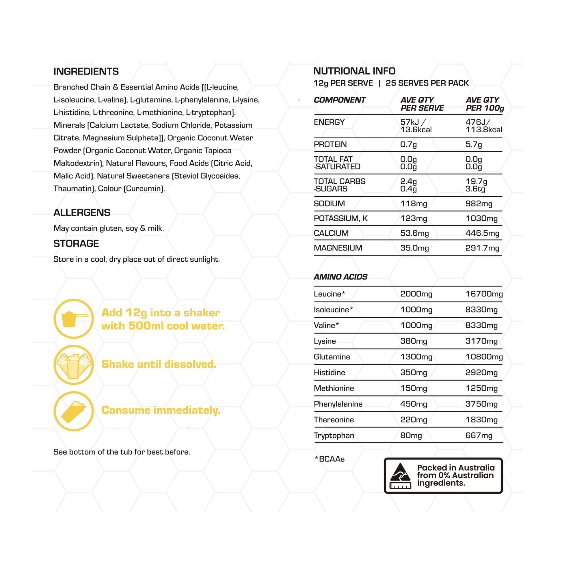Ultimate EAAs electrolytes Nutritional information and ingredient list for a supplement product on a white background