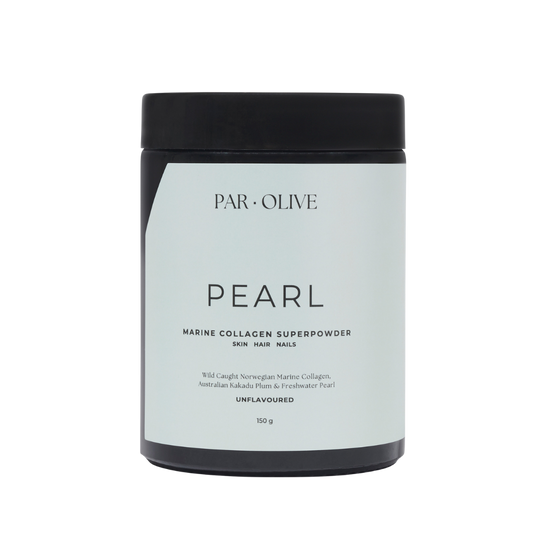 Jar of Par-Olive Pearl Marine Collagen Superpowder on a white background