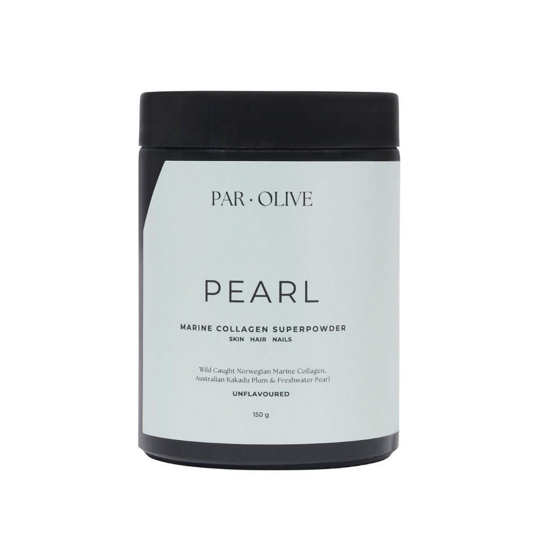 Jar of Par-Olive Pearl Marine Collagen Superpowder on a white background