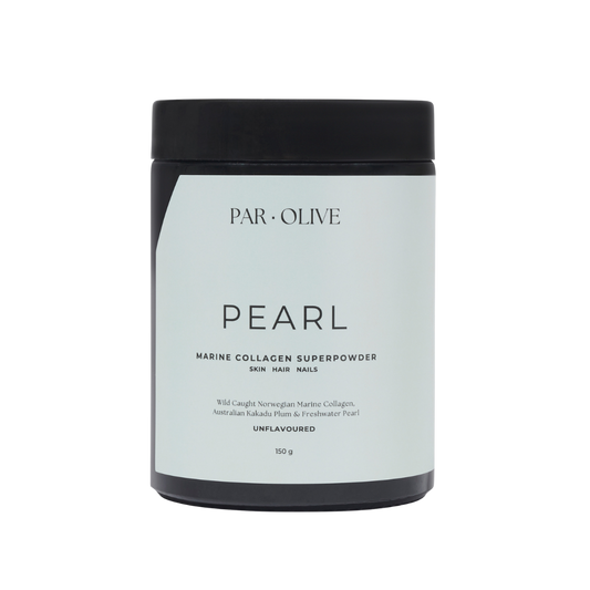 Jar of Par-Olive Pearl Marine Collagen Superpowder on a white background