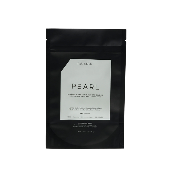 Black packaging of PAR OLIVE Pearl with a white label on a white background