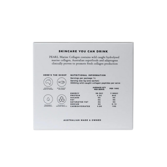 Back of a package for Pearl Marine Collagen with text and nutritional information.