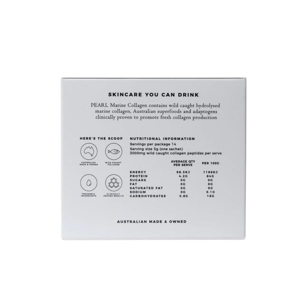 Back of a package for Pearl Marine Collagen with text and nutritional information.