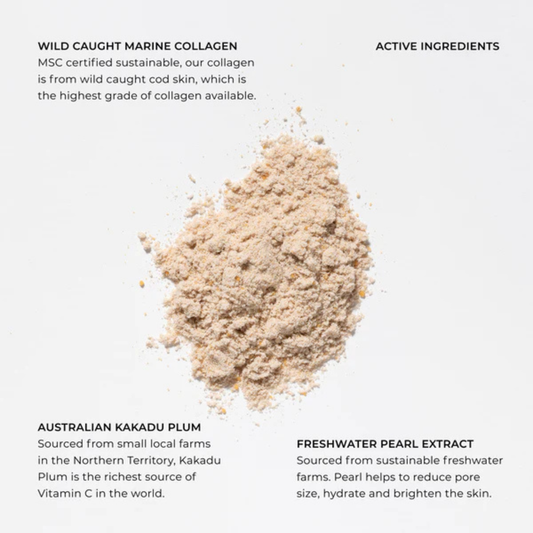 Collagen powder par olive with text about its ingredients on a light gray background