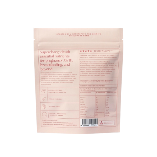 Back of a Franjos Kitchen Hydration Powder Blood Orange package with text and nutrition information on a transparent background