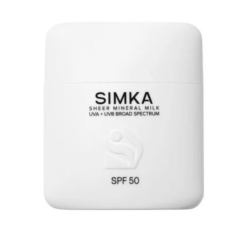 White container of SIMKA sheer mineral milk SPF 50 on a transparent background