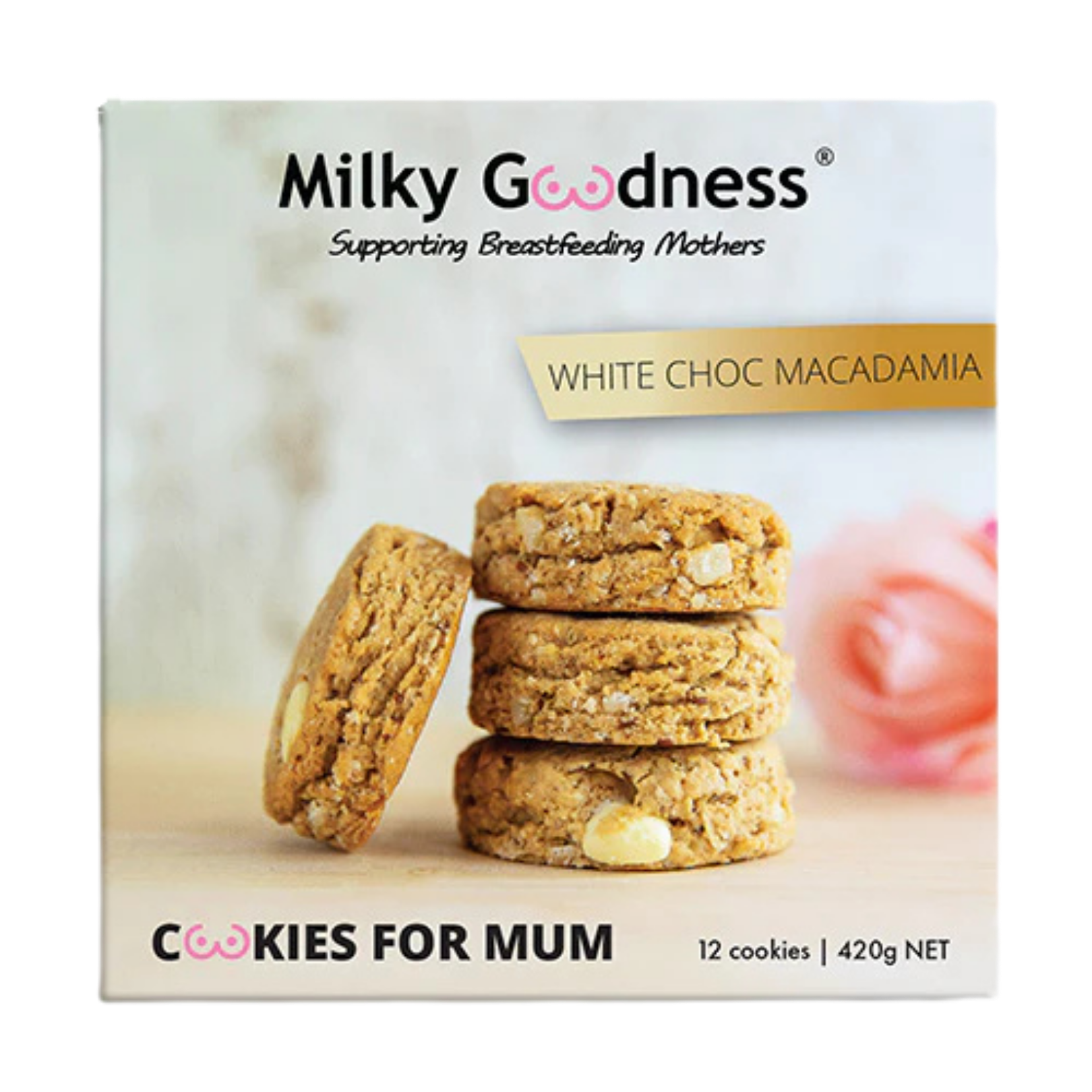 Box of Milky Goodness lactation cookies for mum with white chocolate macadamia flavor