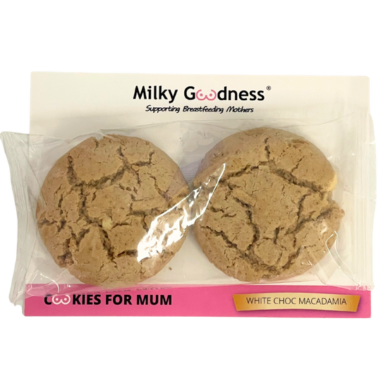 Lactation Packaged cookies with 'Milky Goodness' branding white choc macadamia