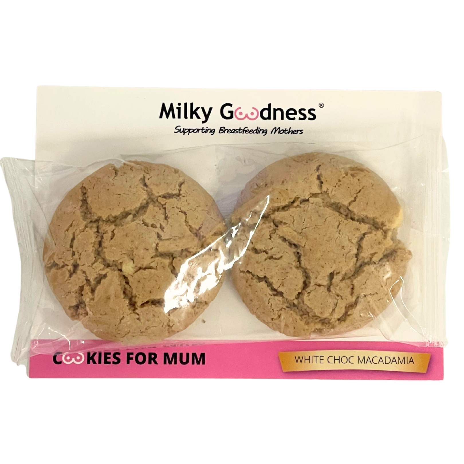 Lactation Packaged cookies with 'Milky Goodness' branding white choc macadamia