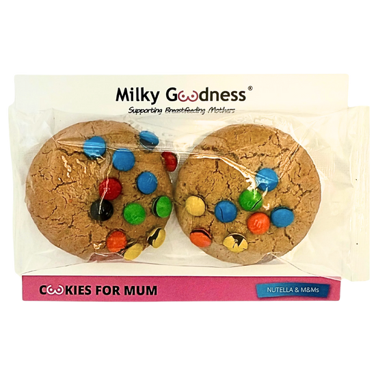 Packaged two lactation cookies Nutella and M&m's