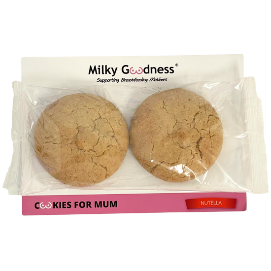 Two Nutella lactation cookies in a clear packaging with 'Milky Goodness' branding
