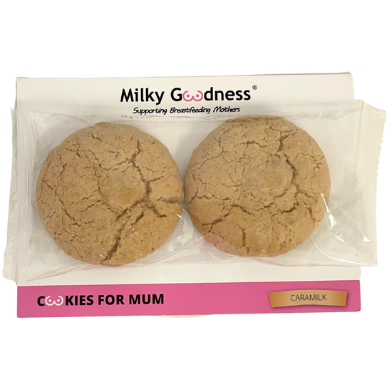 Packaged lactation cookies with 'Milky Goodness' caramilk 