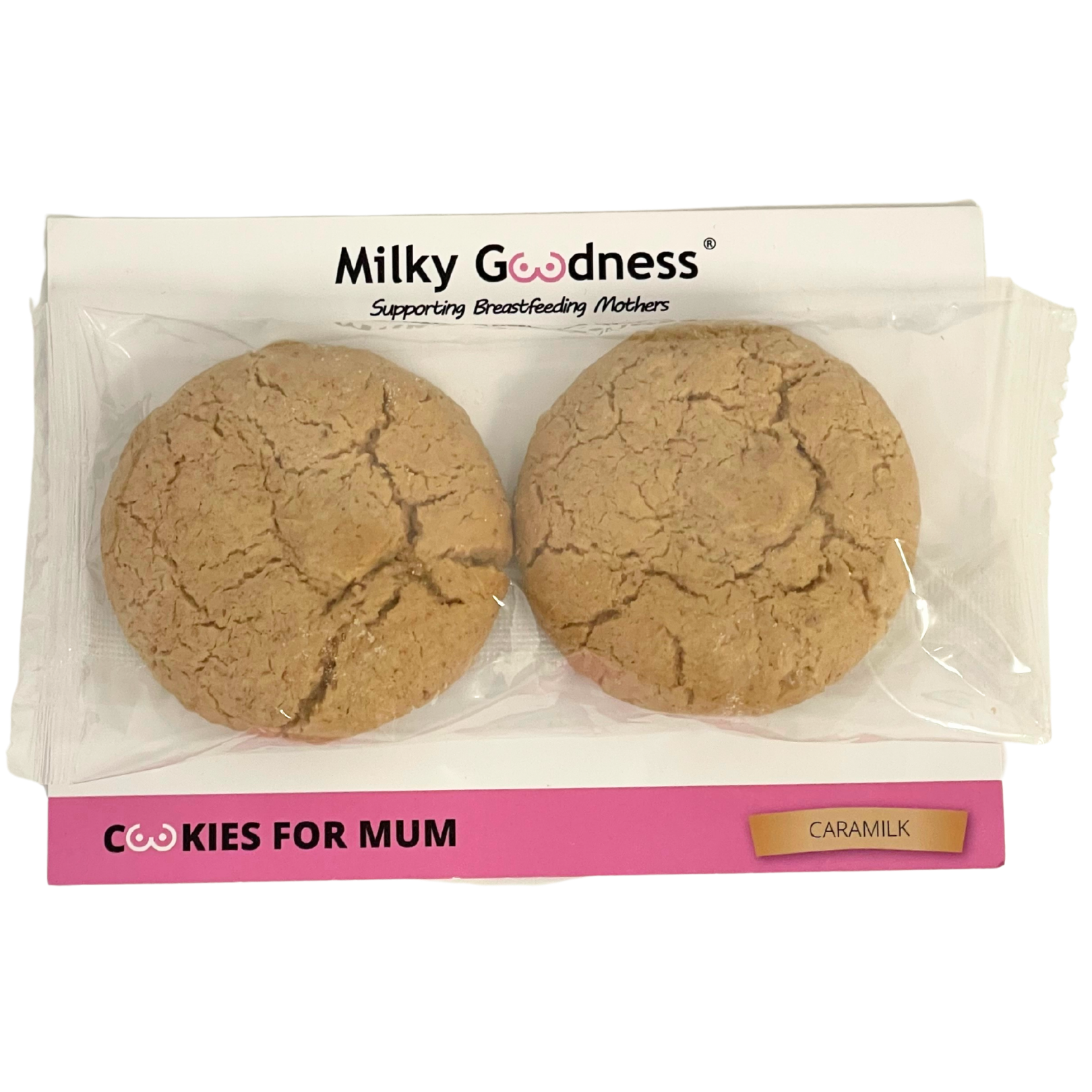 Packaged lactation cookies with 'Milky Goodness' caramilk 