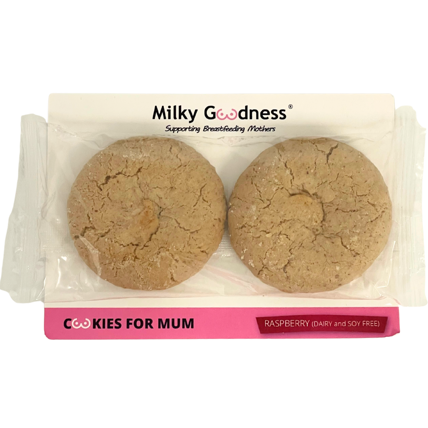 raspberry lactation Cookies packaging with 'Milky Goodness' branding dairy free and soy free