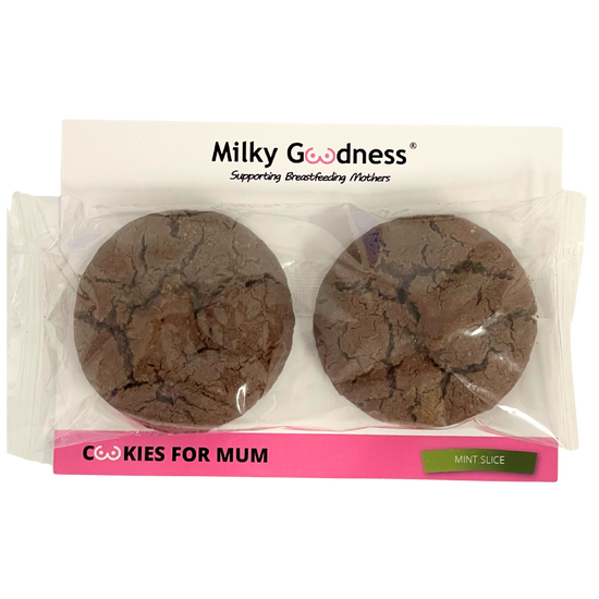 Packaged lactation mint cookies with 'Milky Goodness' branding