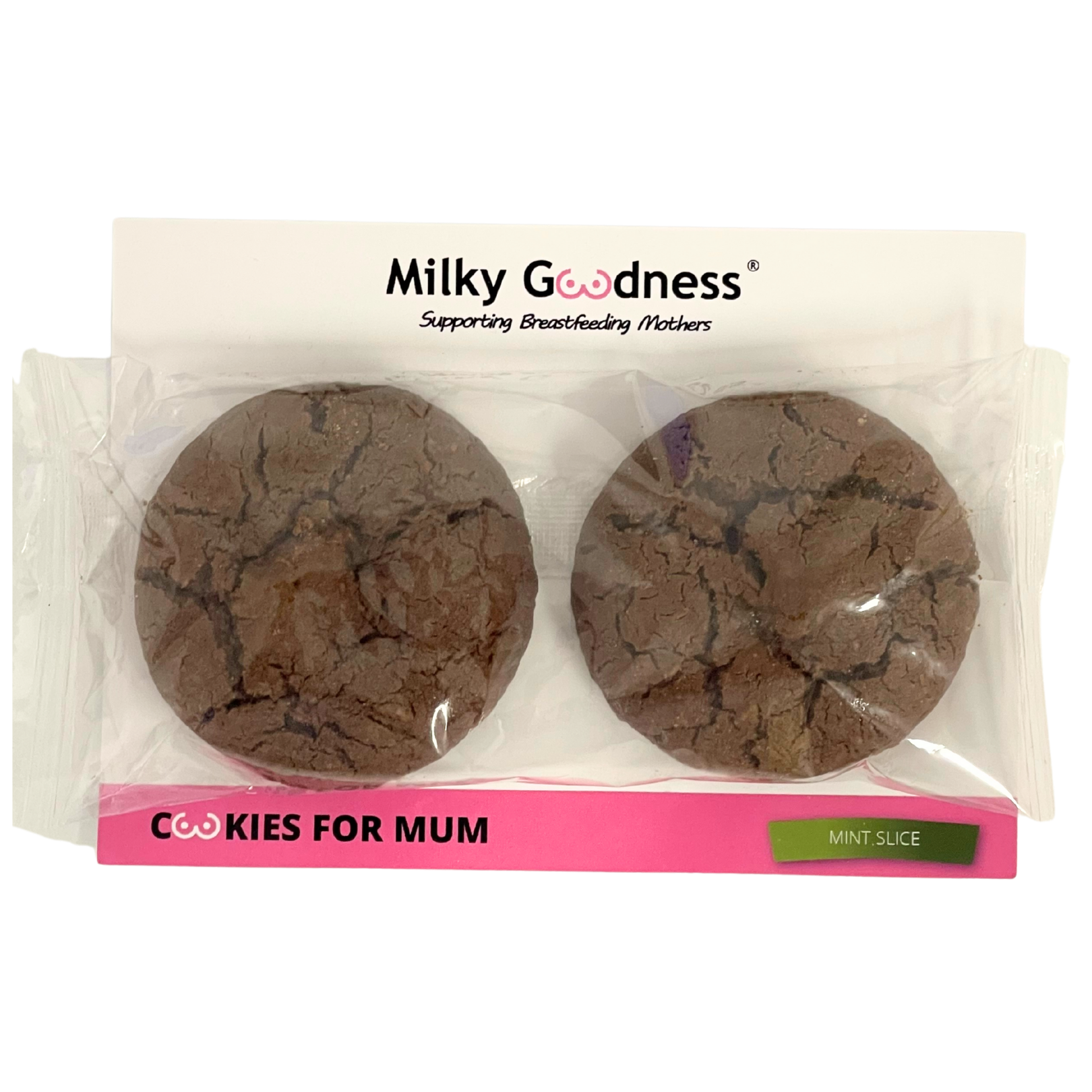 Packaged lactation mint cookies with 'Milky Goodness' branding