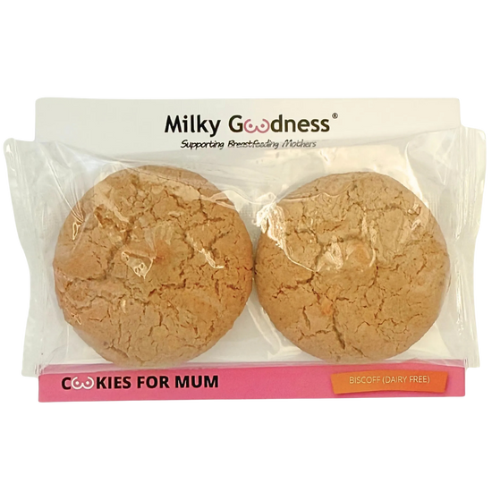 Lactation Biscoff Packaged cookies with 'Milky Goodness' branding Dairy free