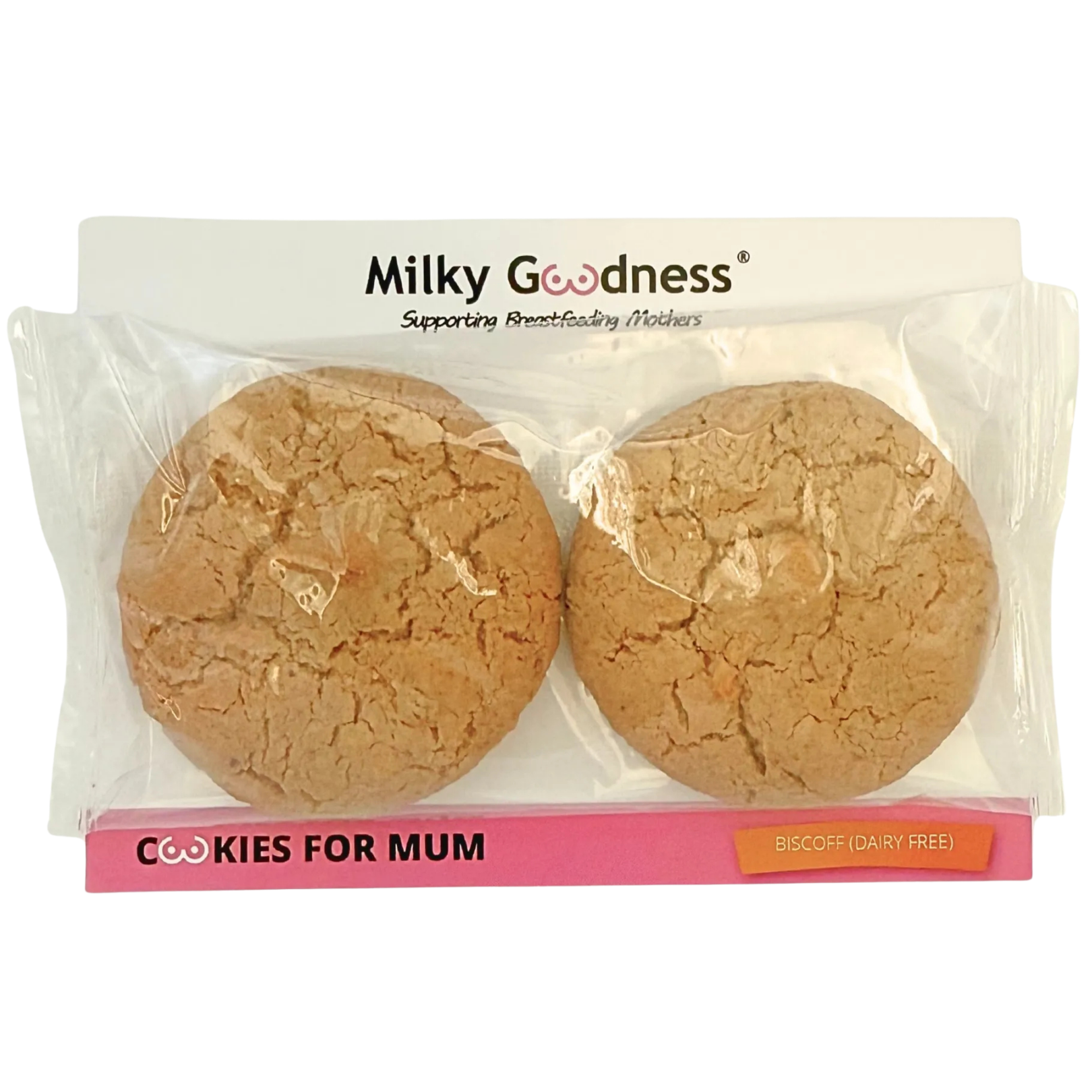 Lactation Biscoff Packaged cookies with 'Milky Goodness' branding Dairy free