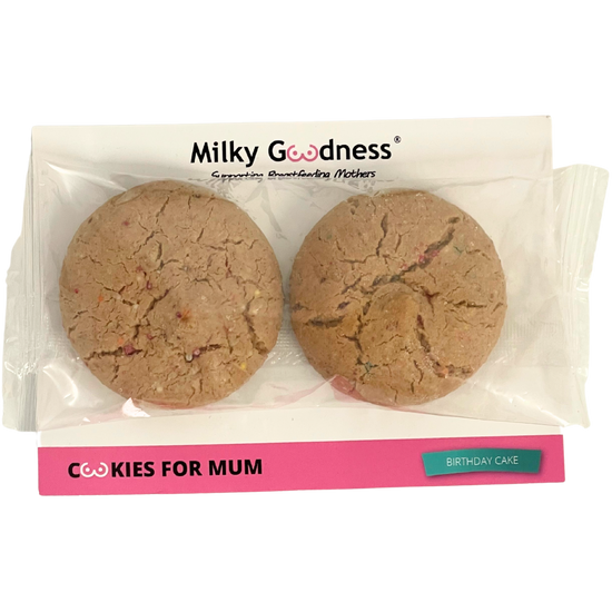 Two lactation cookies birthday cake flavour in a clear packaging with 'Milky Goodness' branding 