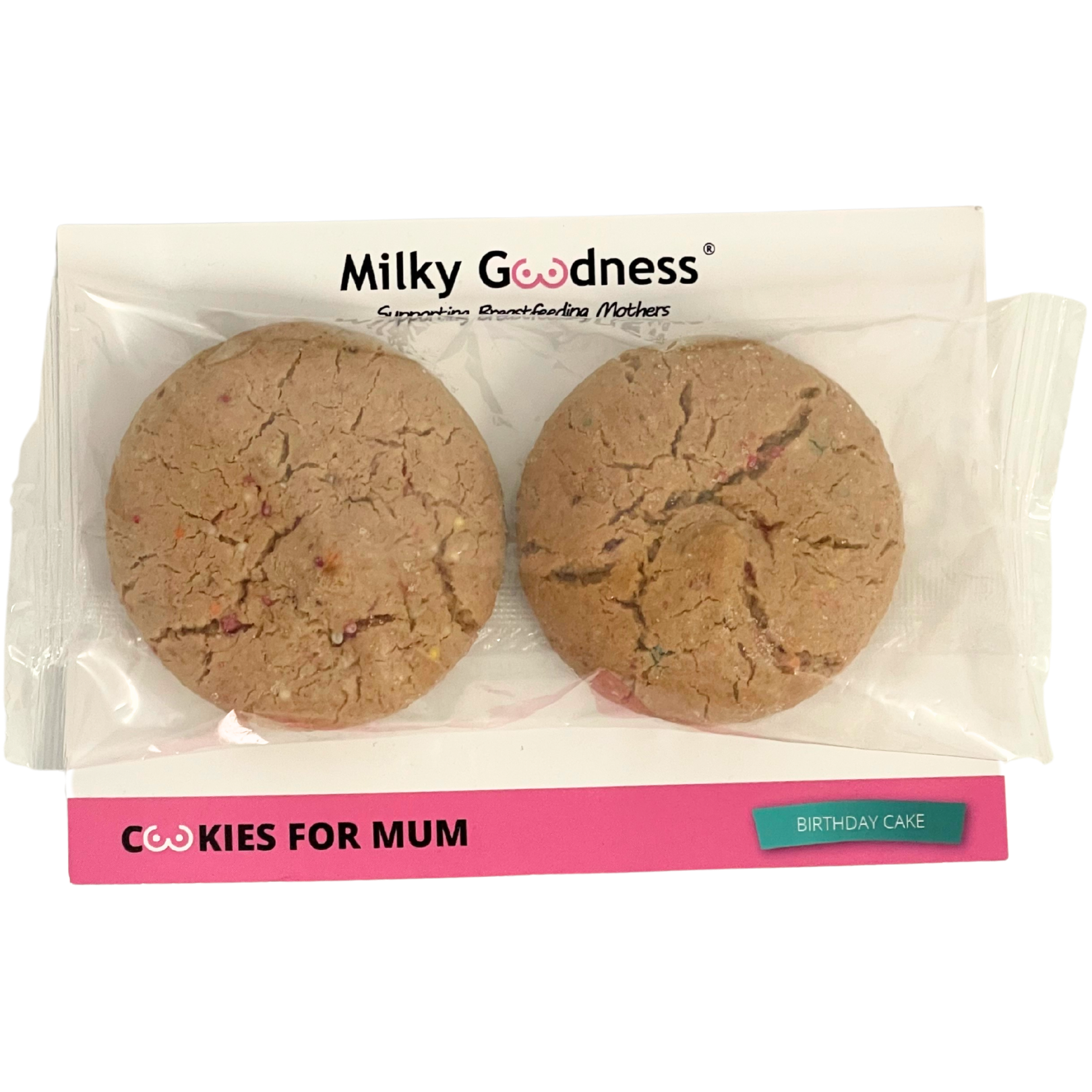 Two lactation cookies birthday cake flavour in a clear packaging with 'Milky Goodness' branding 