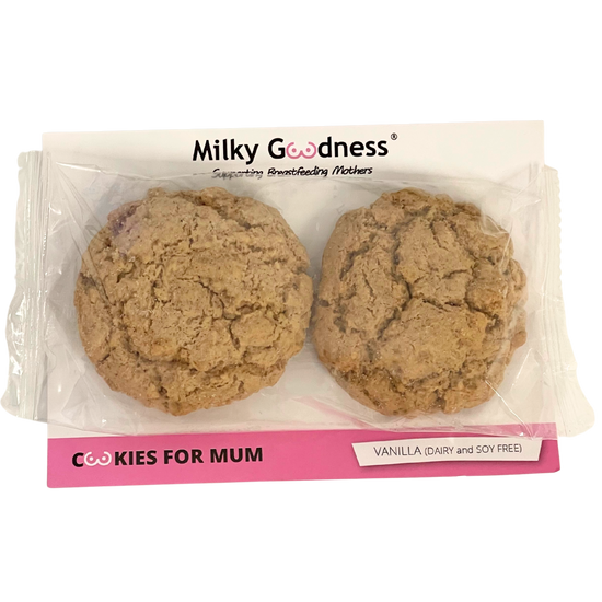 Lactation vanilla Packaged cookies with 'Milky Goodness' branding that are dairy free and soy free