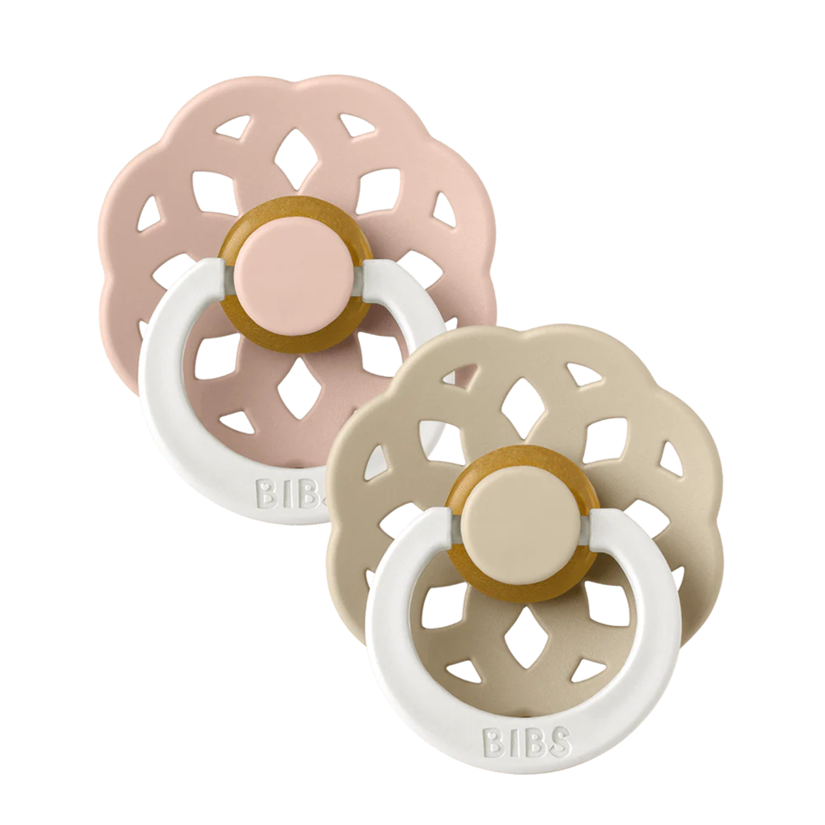 Set of two BIBS Boheme pacifiers featuring  blush and vanilla flower-style silicone shields, and white ring handles—premium baby soothers for newborns and infants. Glow in the dark, round, size one.