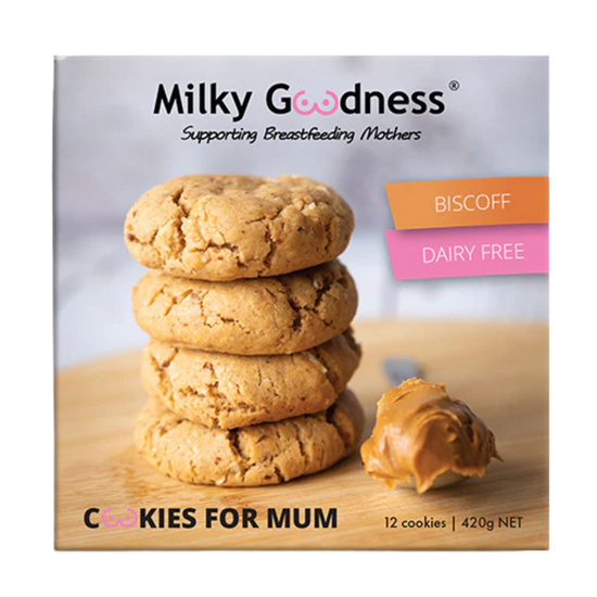 Packaging of Lactation Support Milky Goodness Cookies for Mum with Biscoff on a white background