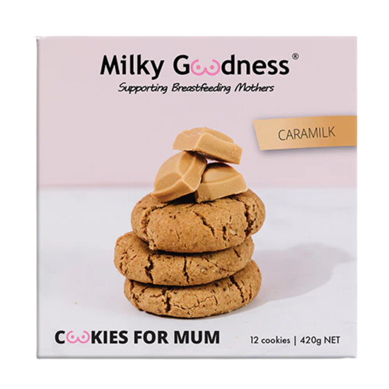 Packaging of Lactation Support  Milky Goodness Cookies for Mum with Caramilk on a white background