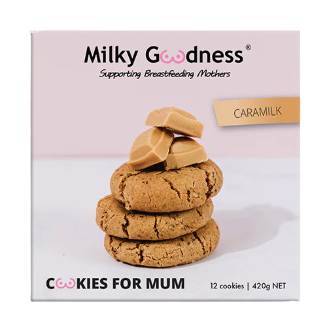 Packaging of Lactation Support  Milky Goodness Cookies for Mum with Caramilk on a white background